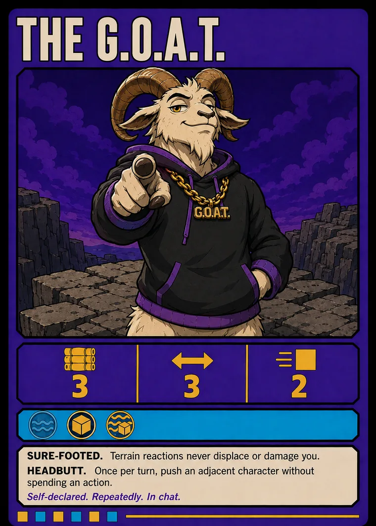 The G.O.A.T. hero card, placeholder art